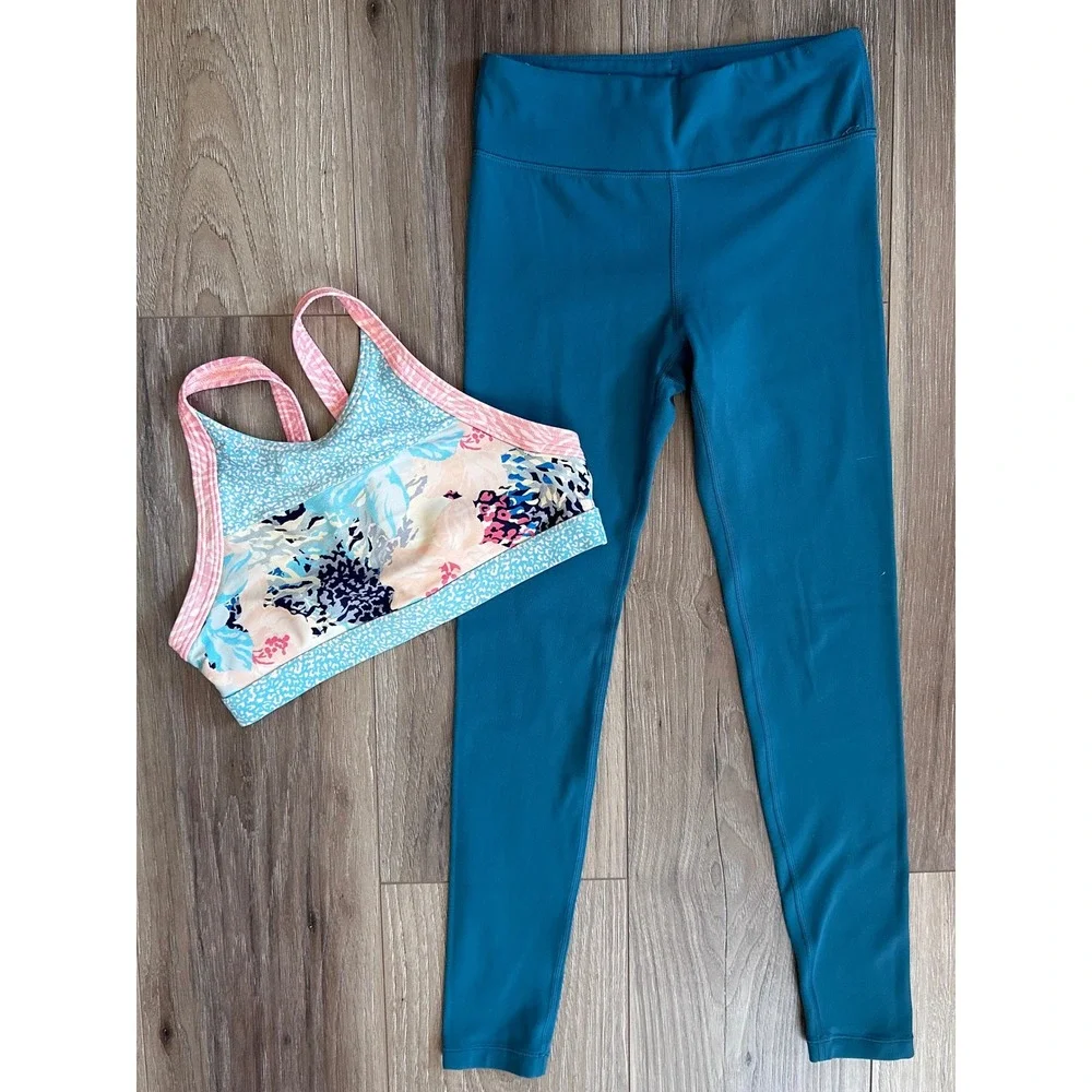 Athleta Girl Bundle Powervita Leggings M 8-10 & Sports Bra LG 12 Teal Floral